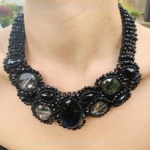 Gothic Black 20&quot; Sassy Handmade Black Onyx Polished Gemstone Bib Choker Necklace - £140.38 GBP
