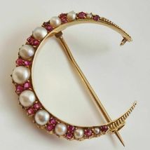 Antique Victorian 2.5Ct Ruby Pearl Crescent Moon Brooch 14k Yellow Gold ... - £109.76 GBP