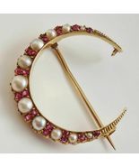 Antique Victorian 2.5Ct Ruby Pearl Crescent Moon Brooch 14k Yellow Gold ... - $139.49