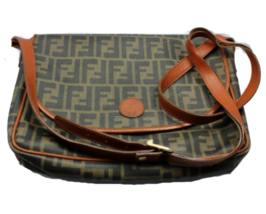 Authentic! Fendi Brown Logo Leather Flap Mama Zucca Handbag Purse - $441.00