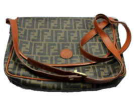 Authentic! Fendi Brown Logo Leather Flap Mama Zucca Handbag Purse - £349.47 GBP