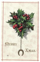 Merry XMAS Vintage Christmas Postcard w/ Holly &amp; Horseshoe 347 - £7.74 GBP