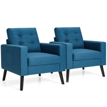 2PCS Accent Armchairs Upholstered Single Sofa Chairs w/ 2-Side Pockets Navy - £424.39 GBP