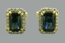 1.50 CT Emerald Cut Blue sapphire &amp; Diamond Earrings 14K Yellow Gold Over - £68.90 GBP