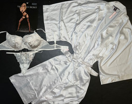 Victoria&#39;s Secret 36B Bra Set+Thong+Robe Kimono Silver Gray White Sexy Seduction - £157.79 GBP