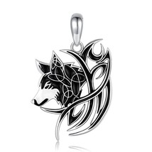 925 Sterling Silver Black Wolf Necklace Valknut Odin &#39;s Symbol of Norse Viking W - £31.15 GBP