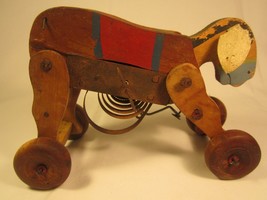 Vintage 4.5&quot; WOODEN HORSE Wind-up Pull Toy 1929 [Z190] - £53.01 GBP