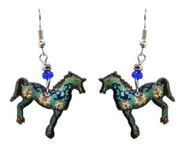 Floral Pattern Horse Animal Graphic Dangle Earrings - Womens Fashion Han... - $17.81