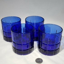 Set of 4 Anchor Hocking Cobalt Blue Tartan 3.5&quot; Short Old Fashioned Glasses EUC - £26.33 GBP