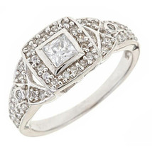 Vintage Art Solitaire Halo Engagement Ring 14K Gold Plated Princess Moissanite - £72.07 GBP