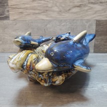 Vintage Pottery Ceramic Blue Dolphins Pair Figurine Statue Waves Ocean B... - £31.03 GBP