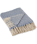 Modern Zig Zag Woven Cotton Throw Blanket with Fringe, French Blue 50x60 - $25.81