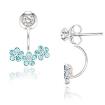 Silver Small Clear Crystal with Aquamarine Crystal Triple Flower Back Earrings - £23.61 GBP