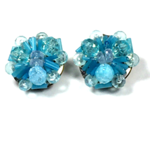 Blue Beaded Round Cluster Clip-on Earrings Marked Germany Vintage - $18.00