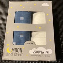 MOON &amp; STARS 2 COUNT SWADDLE BLANKET SET BABY BOY GIFT 0 + WHITE BLUE TH... - £6.05 GBP