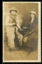 Vintage RPPC Photo Postcard Cowboy in Sheepskin Chaps Mock Robbery 1920s Lady - £19.45 GBP