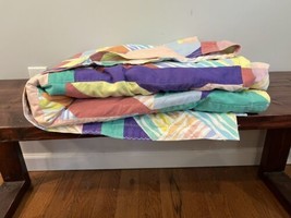 Vintage Handmade Quilt 80s Retro Groovy Colorblock Colorful Blanket Bedding - £195.45 GBP