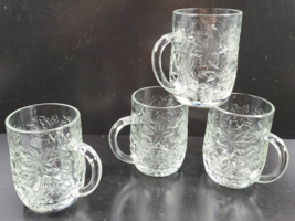 4 Princess House Fantasia Clear Mugs Set Poinsettia Embossed Etch Coffee Cup Lot - £31.55 GBP