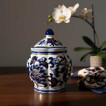 Antique Vase Porcelain 583 gr Blue White Gold Floral Lidded Jar 14.2cm D... - $160.00