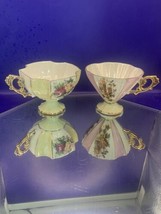 2-Fancy china Tea Cups Gold Handles Roses Iridescent Glaze 1-square 1-round 3&quot;T - £8.96 GBP