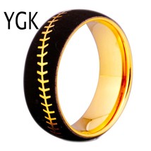 8MM Width Golden Plated Dome Tungsten Ring Baseball Stitch Design Ring For Weddi - £29.16 GBP