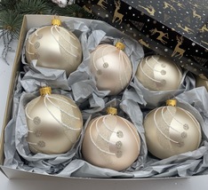 Set of 6 pearl Christmas glass balls, hand painted ornaments with gifted... - £55.70 GBP