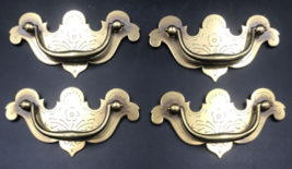 Lot of Four (4) Stamped Brass Floral Cabinet Drawer Bail Pull 4.5&quot; x 2.5&quot; - £16.98 GBP
