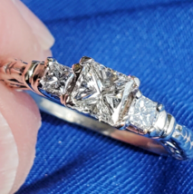 Earth mined Diamond Princess Engagement Ring 3 Stone Filigree Solitaire 14k Gold - $3,605.25