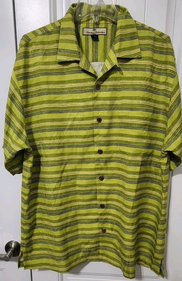 Tommy Bahama Shirt Mens Medium Green Stripe Hawaiian Tropical Silk Beach... - $29.00
