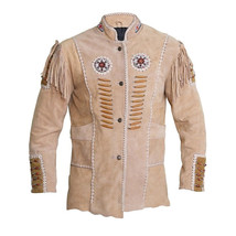 Mens Western Cowboy Beige Suede Leather Fringe Bones Red Beaded Jacket BEJ101 - £103.11 GBP+