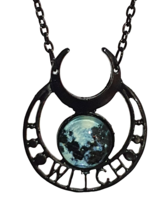 Glowing Witch Moon Necklace Black 20&quot; Chain Glow Dark Wicca Pagan Goddess - £6.31 GBP