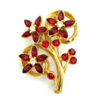 RUBY RED rhinestone flower brooch - 1.75&quot; gold-tone leaves floral bouque... - $15.00