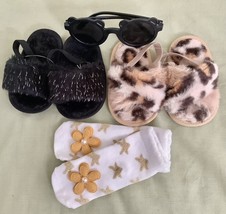 Infant/Girl Slip On Furry Shoes Slipper Sandals Black, Leopard, Sunglasses,Socks - £23.98 GBP