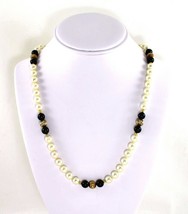 Endless Cultured Pearl 34-inch Strand Necklace Onyx Gold Fluted Beads Classic - £16.03 GBP