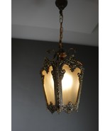 Antique Victorian Ornate Brass Frosted Glass Ceiling Lantern Pendant Lamp - $396.00