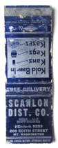 Scanlon Dist. Co. Beer Ale - Mt. Washington, Pennsylvania 20FS Matchbook Cover - £1.17 GBP