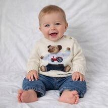 Ralph Lauren Baby Iconic Sit Down Teddy Bear Tractor Sweater Cream 6M Y2... - $148.50