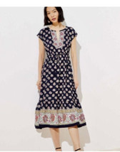 Ann Taylor Loft Navy Blue Peasant Floral Print Split tie Neckline Dress ... - $34.41
