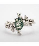 Oval Moss Agate White Gold Leaf Ring Nature-Inspired Design Memorial Ring - $350.00+