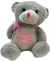 Teddy Bear Plush 16&quot; Gray Dan Dee Love Pink Bow Embroidery Knit Pre-Owned - £11.83 GBP