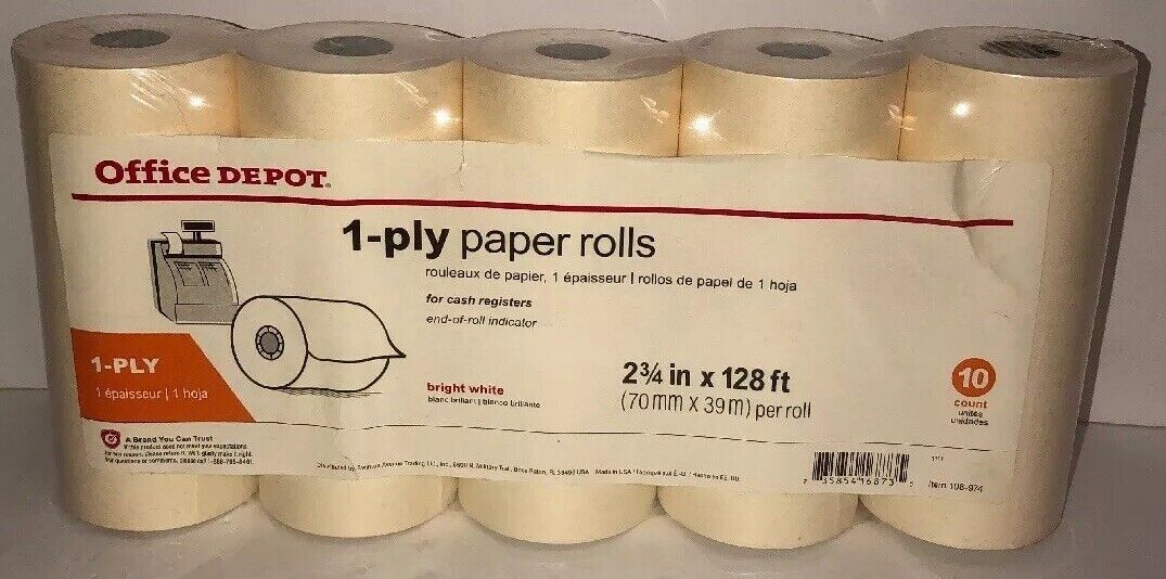 Office Depot 1-Ply Bond Paper Rolls 2.75”x128 10 Count White-RARE-SHIPS ... - $9.78