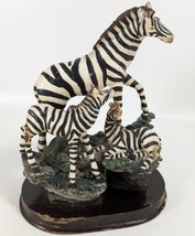 Zebra Mother And Foals Realistic Hand Carved Painted Figurine Wood Base Vintage - £29.85 GBP