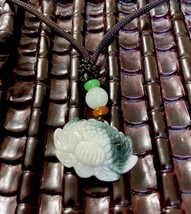 Certified Green White Lotus Flower Jade Pendant Good Luck with Cloth Cord Beads - £23.70 GBP