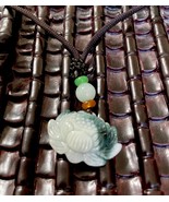 Certified Green White Lotus Flower Jade Pendant Good Luck with Cloth Cor... - $34.59 CAD