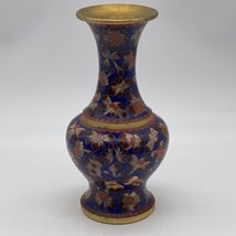 Cloisonné Vase Enameled Blue Orange Floral 8” Small Vintage - £45.07 GBP