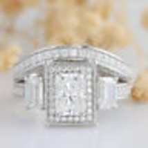 3.00Ct Imitación Diamante 2pcs 3-Stone Juego de Anillo Compromiso Chapado en Oro - £297.54 GBP