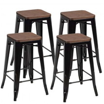 Set of 4 Counter Height Backless Barstool with Wood Seat-Black - £143.17 GBP