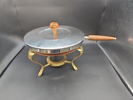 Vintage MCM Copperware Chafing Dish 11&quot; Pan Copper &amp; Brass Stand Wood Handle - £29.62 GBP