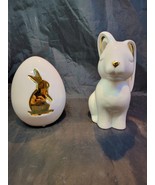 Pier 1 One Imports Easter Bunny Rabbit White &amp; Gold Ceramic + Egg w/ Bunny - €21,66 EUR