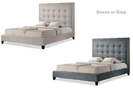 Light Beige or Gray Linen King or Queen Bed Frame Button-Tufted Silver Nail Head - £601.77 GBP+